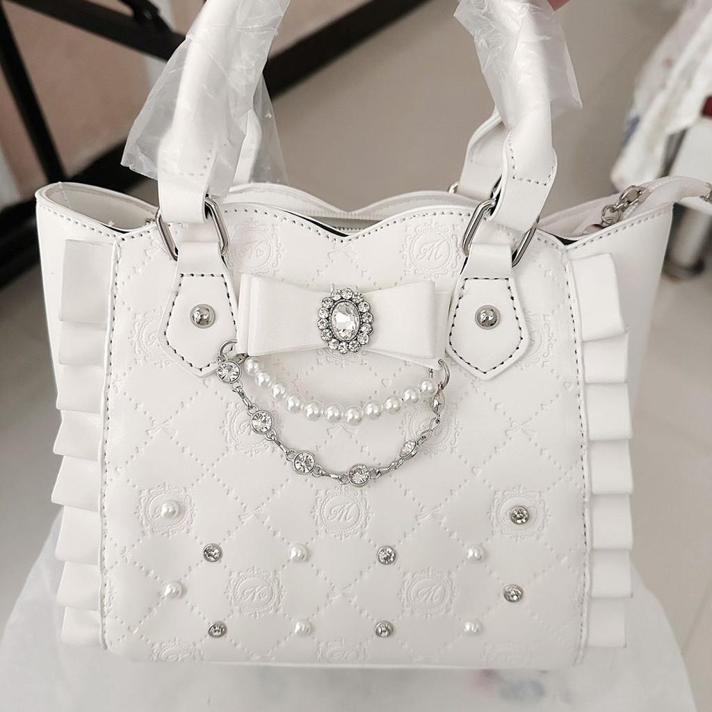 Japanese Sweet Cute Tote Bag Women Bow Pearl Rhinestone Crossbody Bag Ladies Lace Girl Kawaii Elegant Shoulder Bags Chic