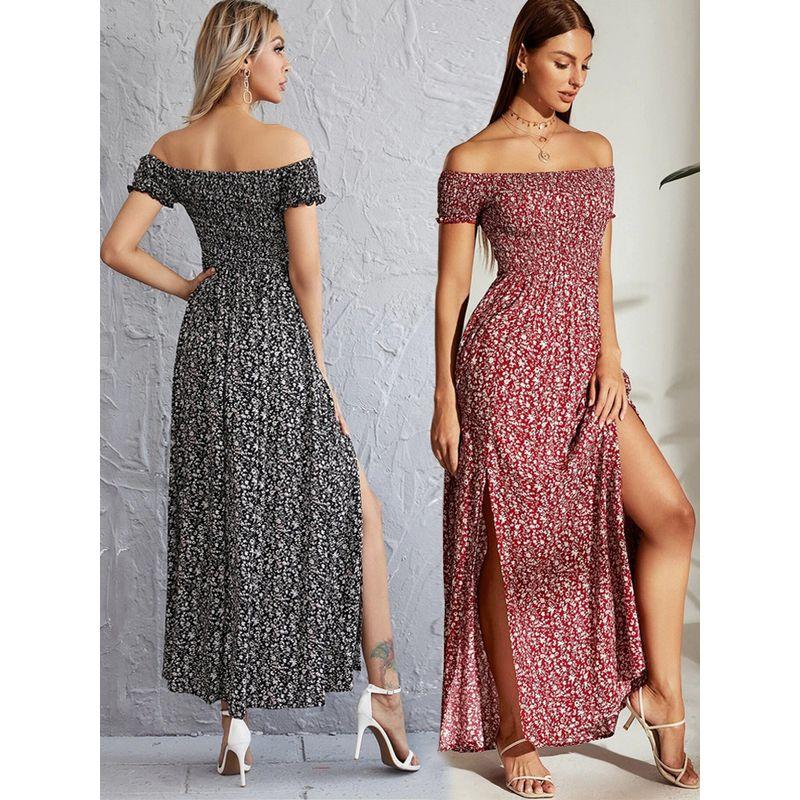 

2022 Split One-shoulder Floral Dress Temperament Long Skirt Light gray L
