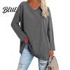 T-shirt Top V-neck Long Sleeve Mid-Length Spring Tunic Autumn Solid Color Loose Pullover Streetwear Blouse