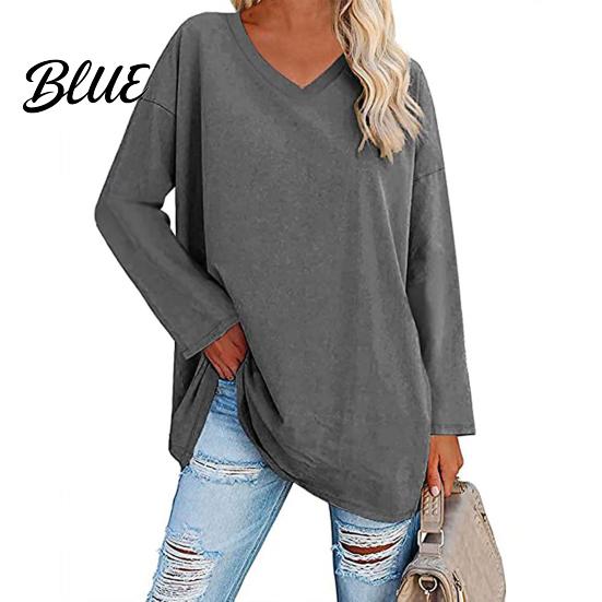 T-shirt Top V-neck Long Sleeve Mid-Length Spring Tunic Autumn Solid Color Loose Pullover Streetwear Blouse