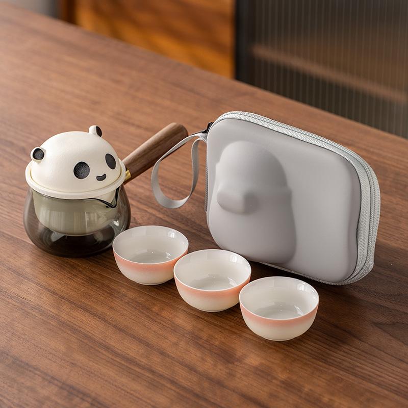 

Panda side handle, a pot of three cups of travel tea set, light luxury, modern suet jade porcelain, business commemorative gift