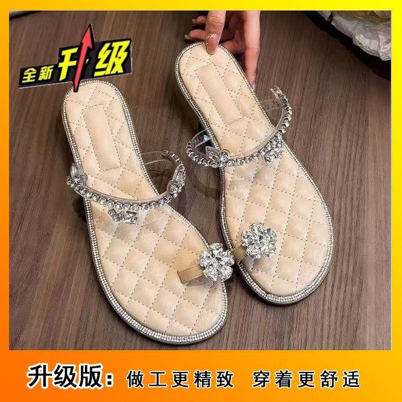 Rhinestone Sleeve Toe Thick Heel Beautiful Slippers Outer Wear 2025 Summer New One-word Strap Sandals Fairy Wind Beach Sandals