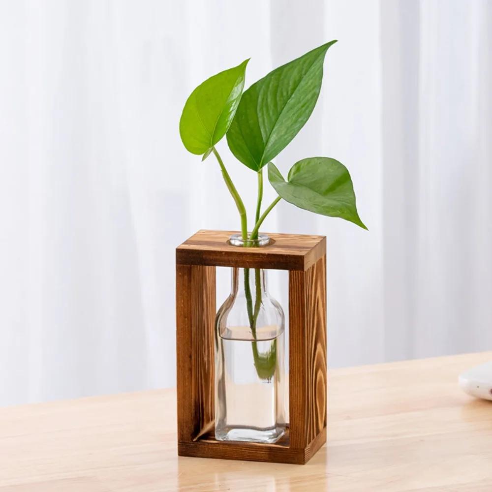 

Hydroponic Plants Container Wood Frame Creative Transparent Glass Vase Desktop Decor Simple Living Room Ornament Home Decor