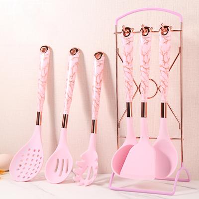 7-teiliges Küchengeschirr-Set aus Silikon für den Haushalt, Küchenutensilien-Set, Topf, Schaufel, Suppenlöffel, Spaghetti-Klaue, Kochset mit Ablagefach