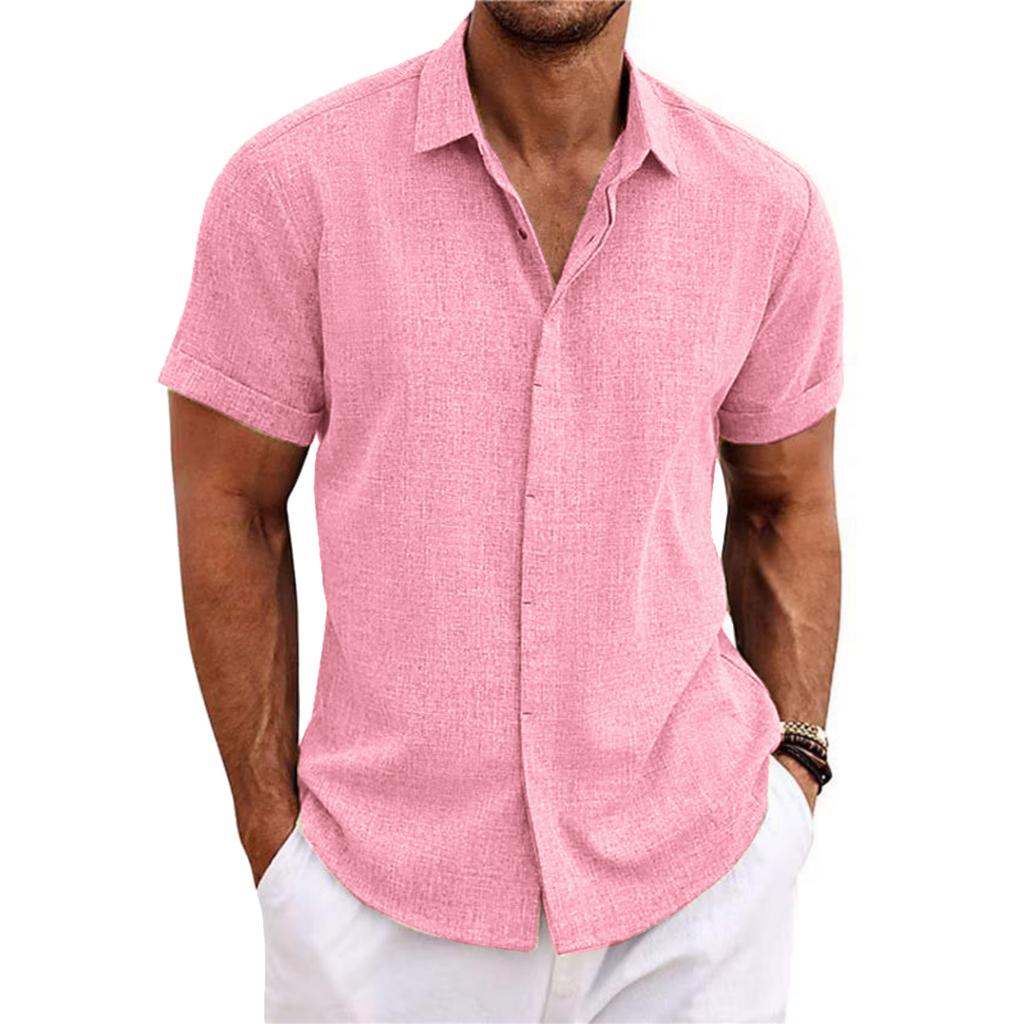 Men's Casual -color Loose Short-sleeved T-shirt Shirt - Men's Cotton And Linen Collar Short-sleeved Top