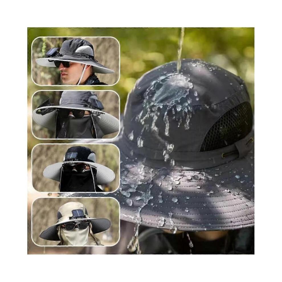 (Khaki) Sombrero Con Ventilador Solar, Wide Brim Sun Hat with 2 Solar Fan For Outdoor