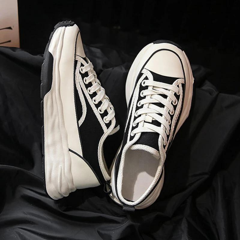 

Новые женские парусиновые кроссовки на платформе на шнуровке, женская повседневная обувь, модные кроссовки на шнуровке, женская спортивная обувь, белые кроссовки на платформе 35 чёрный