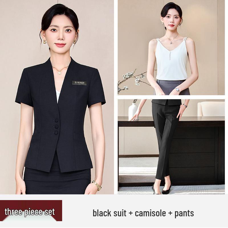 Women's Blue Short-Sleeve Professional Suit Set for Hotel Manager or Receptionist - Spring/Summer Formal Workwear