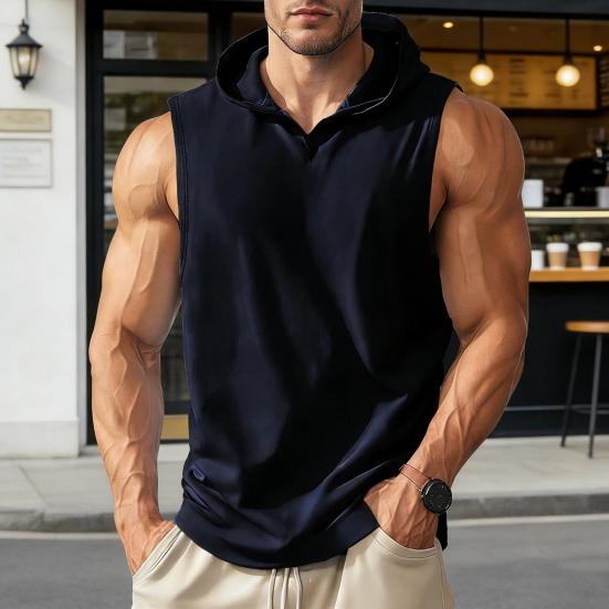 Gilet à Capuche Homme Sans Manches Été Bretelles Larges Couleur Unie Séchage Rapide Hauts de Sport Tenue Quotidienne