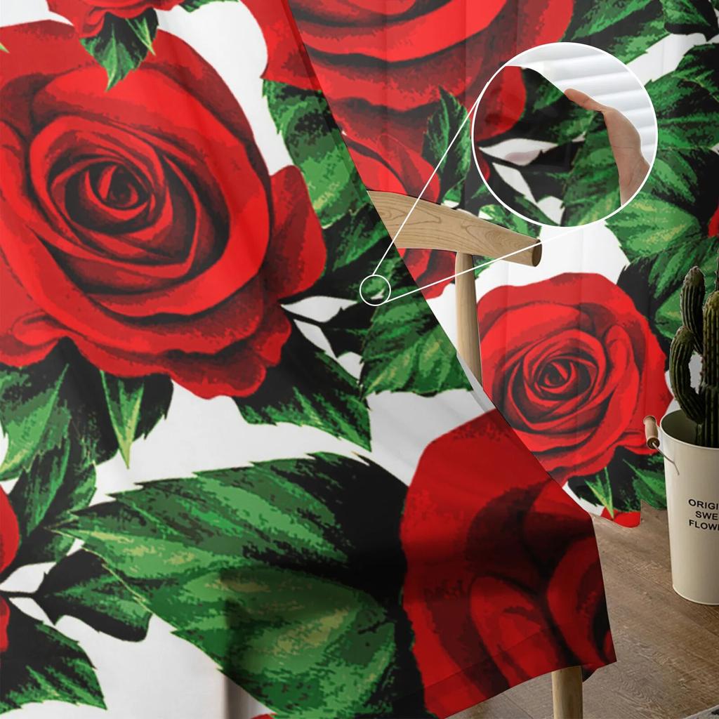 Valentine'S Day Flower Red Rose Flower Tulle Curtains for Living Room Kitchen Sheer Voile Curtain Bedroom Window Panels