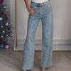 Faux Pearl Jeans for Women High Waist Straight Leg Stretch Denim Pants Casual Wide Leg Beaded Baggy Pants