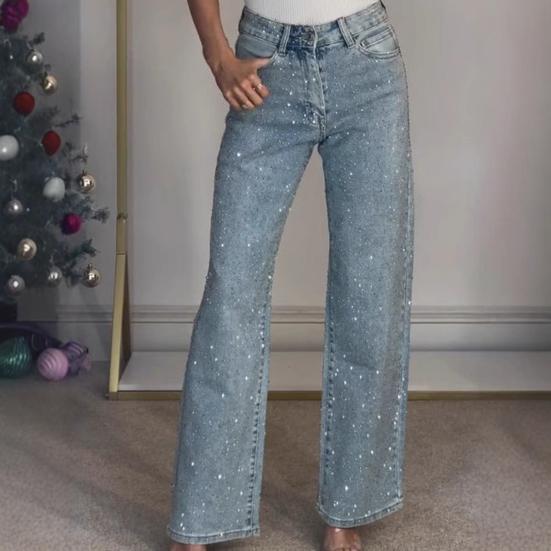 Faux Pearl Jeans for Women High Waist Straight Leg Stretch Denim Pants Casual Wide Leg Beaded Baggy Pants