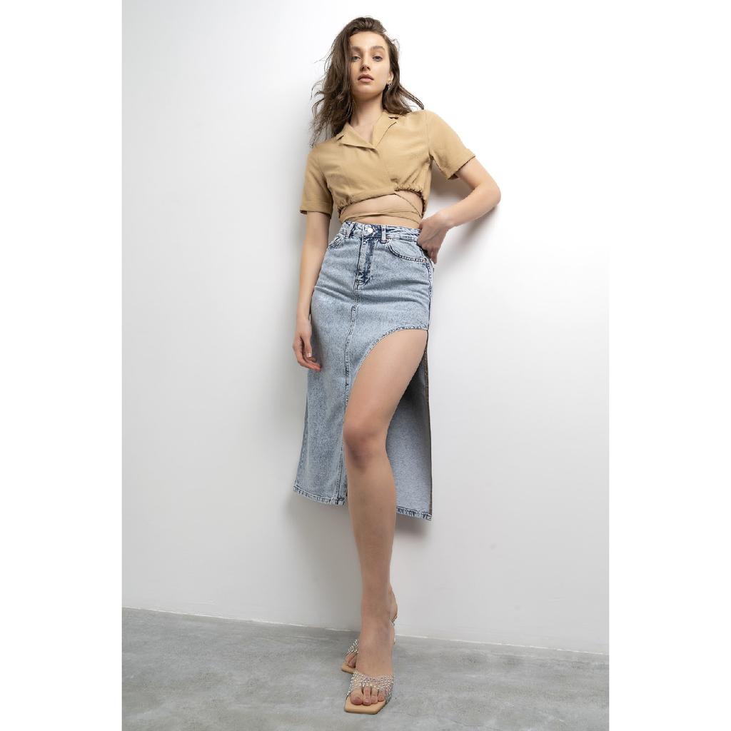 Women's Blue Denim Color Long Denim Skirt With Deep Slit Detail On The Side