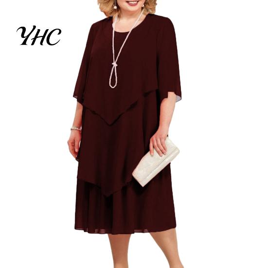 Layered Hem Flowy Dress Women Spring Summer Midi O-neck Half Sleeve Party Wedding Guest Elegant Chiffon