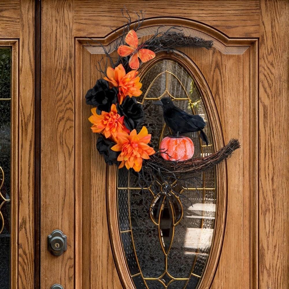 Plastic Cat Crow Wreath Gothic Style Artificial Flower Garland Halloween Wreath Window Wall Decor