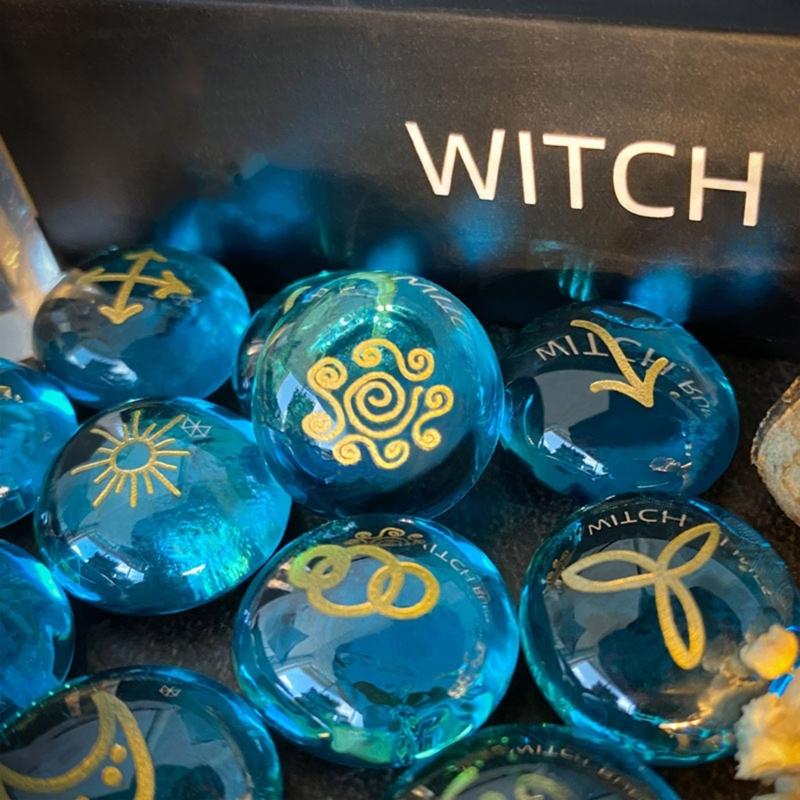 13Pcs Glass Runes Stone Irregular Divination Runes Stone with Instruction and Storage Bag Heal Gift Decoration