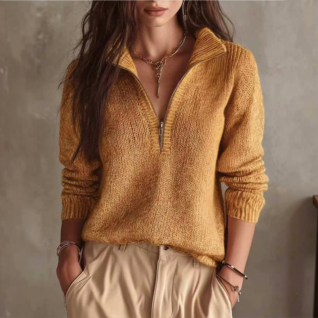 Women's Color Half Zip Long Sleeve Sweater Top Casual Knit Pullover with Collar
