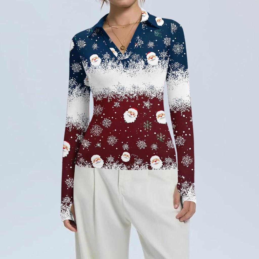 Damenmode Lässig Weihnachts-Print V-Ausschnitt Langarm Knopfleiste Oberteil