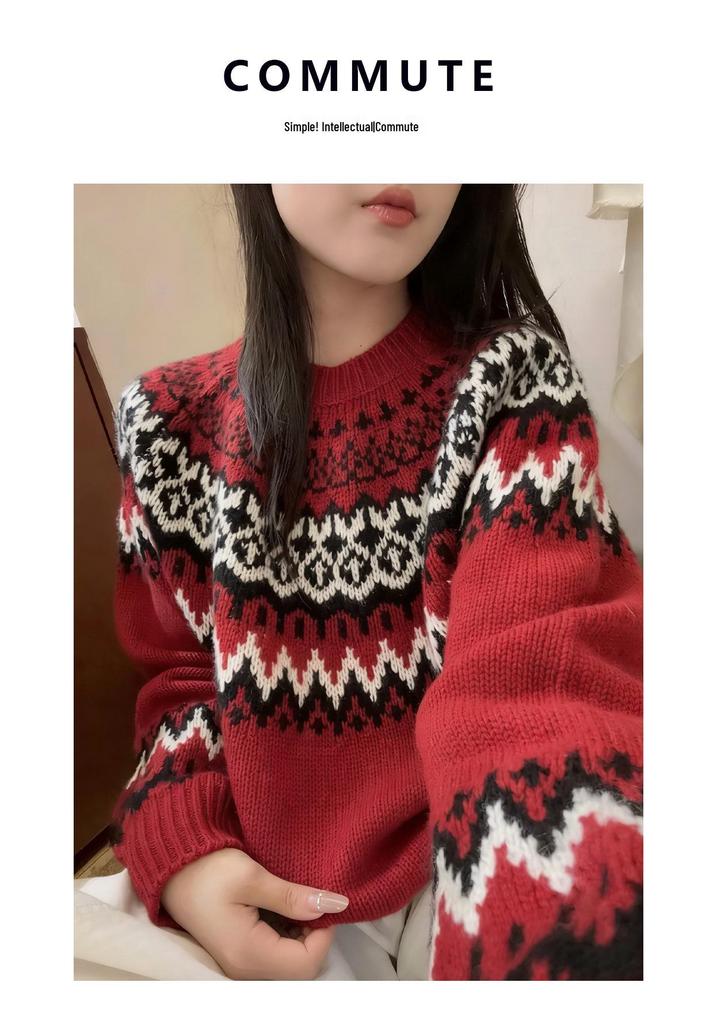Red Jacquard Wool Pullover - Women's Cozy Round Neck Knit Sweater for Autumn/Winter