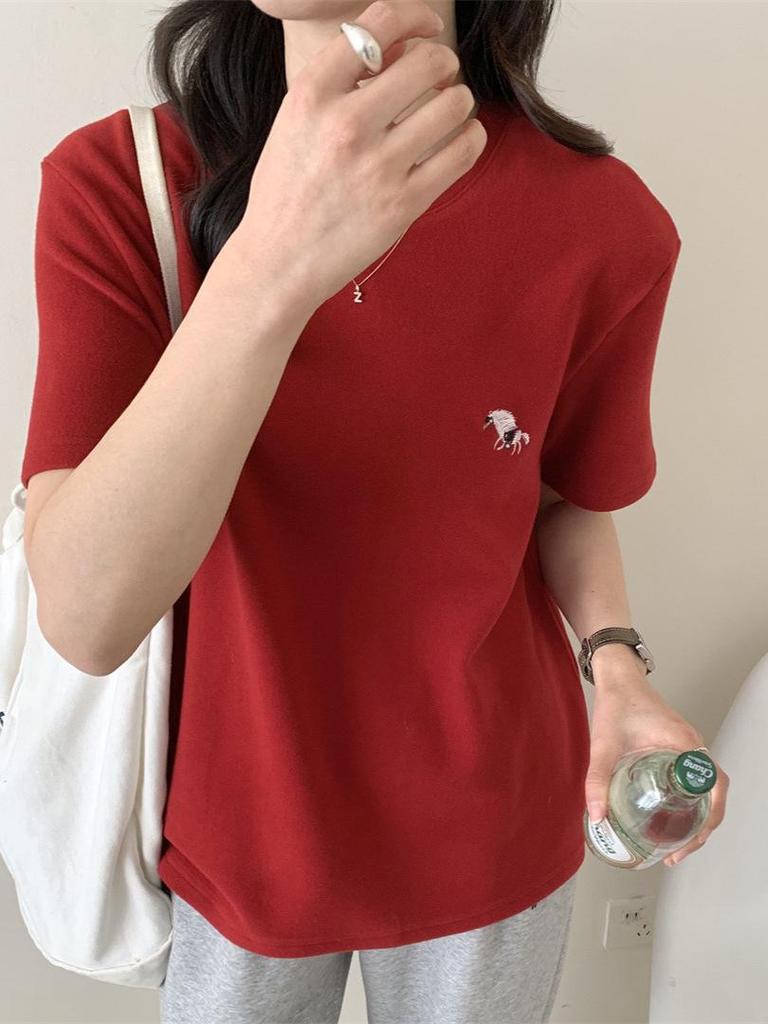 Spring 2026 Embroidered Little Horse Short Sleeve T-Shirt - Versatile and Thickened