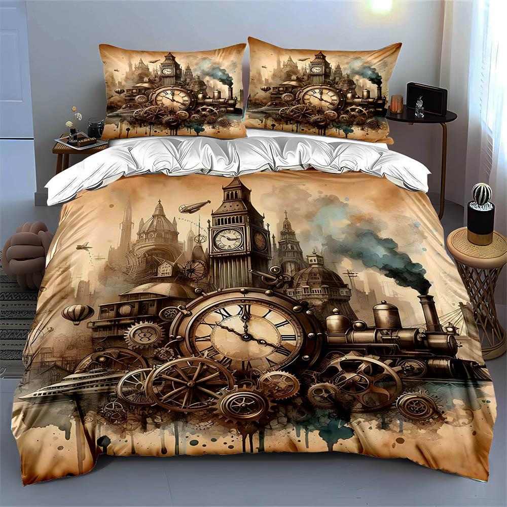 Steampunkowe miasto z mechanizmami Pościel Zestawy poszewek na kołdrę Poszewki na poduszki prezenty (1 * Poszewka na kołdrę 2 * Poszewki na poduszki, bez wkładu do kołdry)