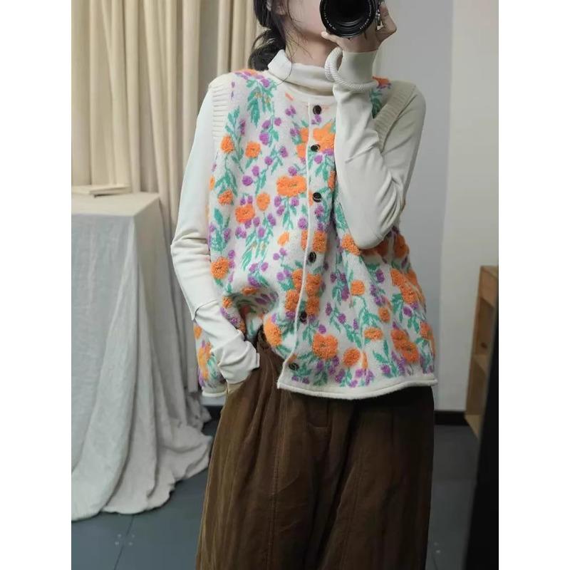 DIMANAF 2025 Automne Femmes Sans Manches Boutons Gilet Pulls Style Impression Tricot Décontracté Ample Pull