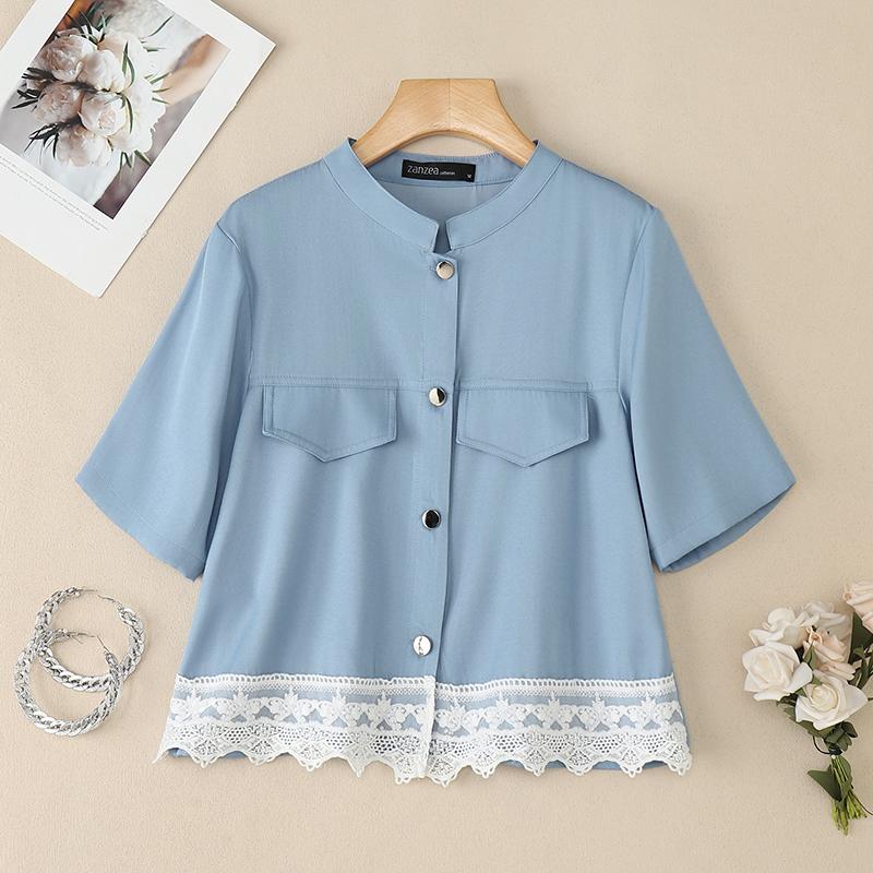 

ZANZEA Women Casual Round Neck Summer Short Sleeve Lace Patchwork Blouse S синій