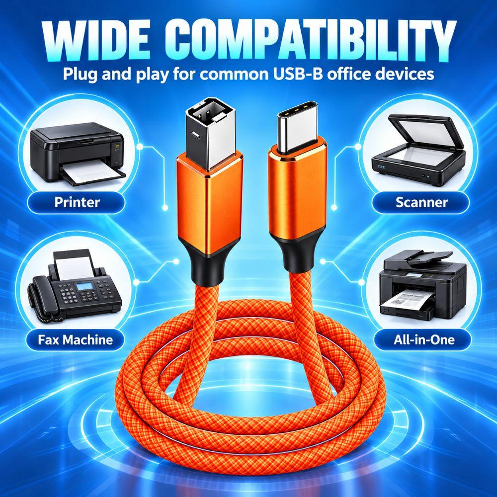USB 2.0 USB-C Printer Cable 480Mbps Scanner Connection Cable USB-B Data Cord Fax Machine