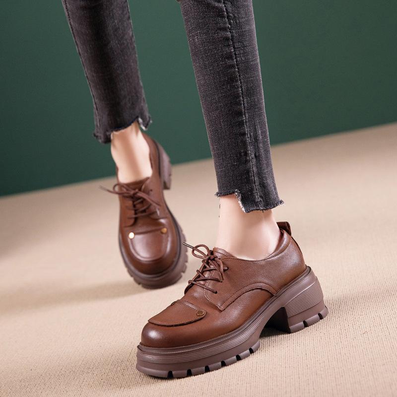 First layer cowhide loafers women's spring and autumn new leather foam muffin bottom lace-up thick-soled British style women's shoes