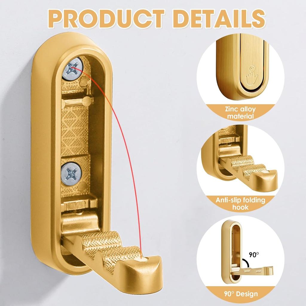 Folding Wall Hooks, 2 Pack Heavy Duty Space Saving Folding Coat Hooks - Zinc Alloy Wall Mounted Hooks for Hanging Coat Towels Clothes Hat Bags Keys