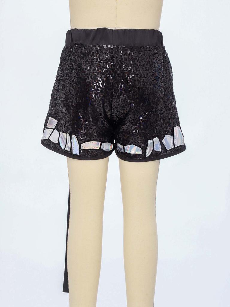 Completo Hip Hop Danza Bambini Top Corto Senza Maniche Zip Up Laccato Paillettes Shorts Set Maniche con Nappe Staccabili