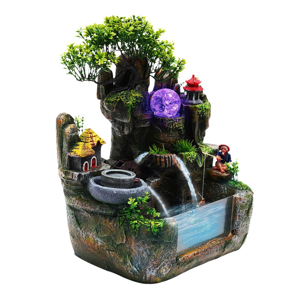 Tabletop Fountain Resin Indoor Home Decoration, 12LED Color Lights Waterfall Fountain 110V Desktop Fountain, with Atomizer