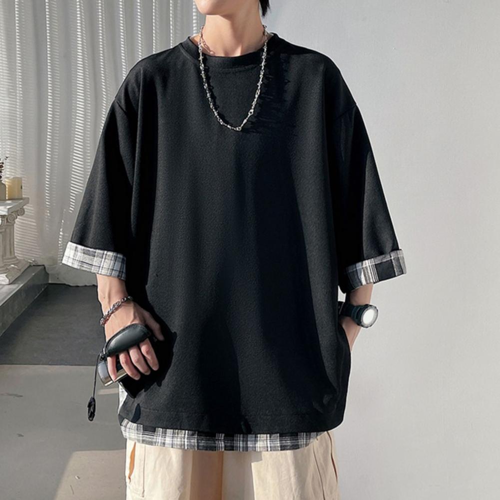 Spring Summer Men's T-shirts Women Oversized 2XL Korean Style Loose Plaid T-shirt Casual Seven Sleeves T-Shirt Male White