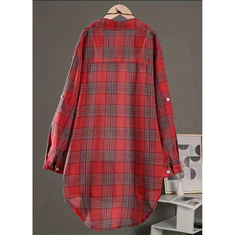 Leinenblusen Damen Damen Hemd mit Knöpfen Chinesischer Stil Damenbekleidung Kariert Langarm Vintage Oberteil Hemden