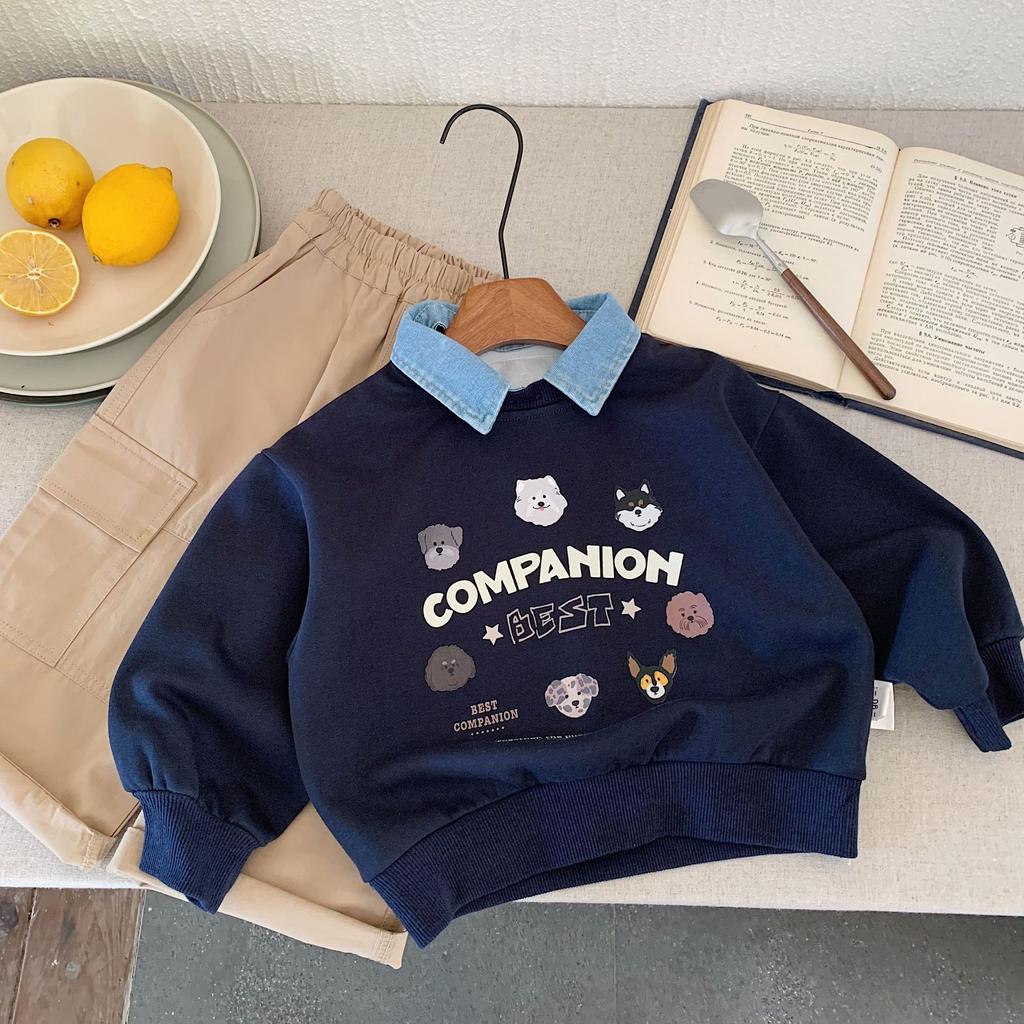 Children'S Sweater Autumn Boys And Girls Denim Collar Cartoon Puppy Pullover Versatile Top Tide