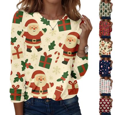 Women's Fashion Casual Long Sleeve Christmas Printed Round Neck Top