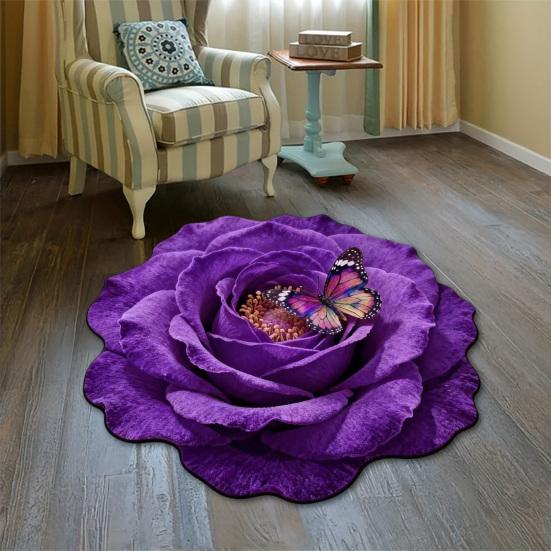 3D Flower Floor Mat Large Flower Shape Living Room Rug Realistic Floral Butterfly Floor Rug with Anti-Slip Bottom for Home Bedroom Dining Room