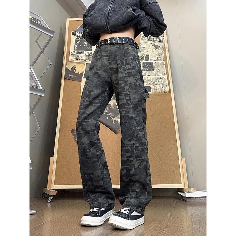 American Micro-pull Camouflage Pants Men's Spring Ruffian Handsome Straight Pants, High Street Lumberjack Denim Trousers