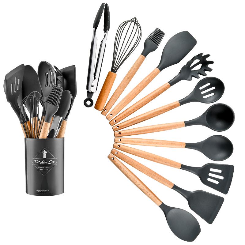Conjunto Utensílios de Cozinha de Silicone Colorido de 11 Peças com Cabos de Madeira
