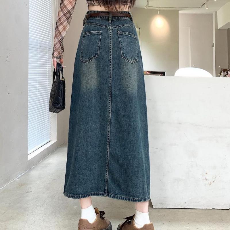 Retro Džínsová Sukňa Dámska Móda Jednoduchý Dizajn s Rozparkom Sukňa Strednej Dĺžky Všestranná Slim Fit Dámska Sukňa