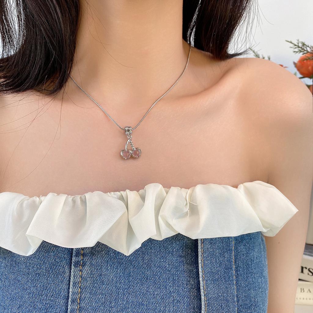 Pink Cherry Snake Bone Necklace Female Sweet and Cute Sweater Chain Light Luxury Premium Niche Design Neck Chain