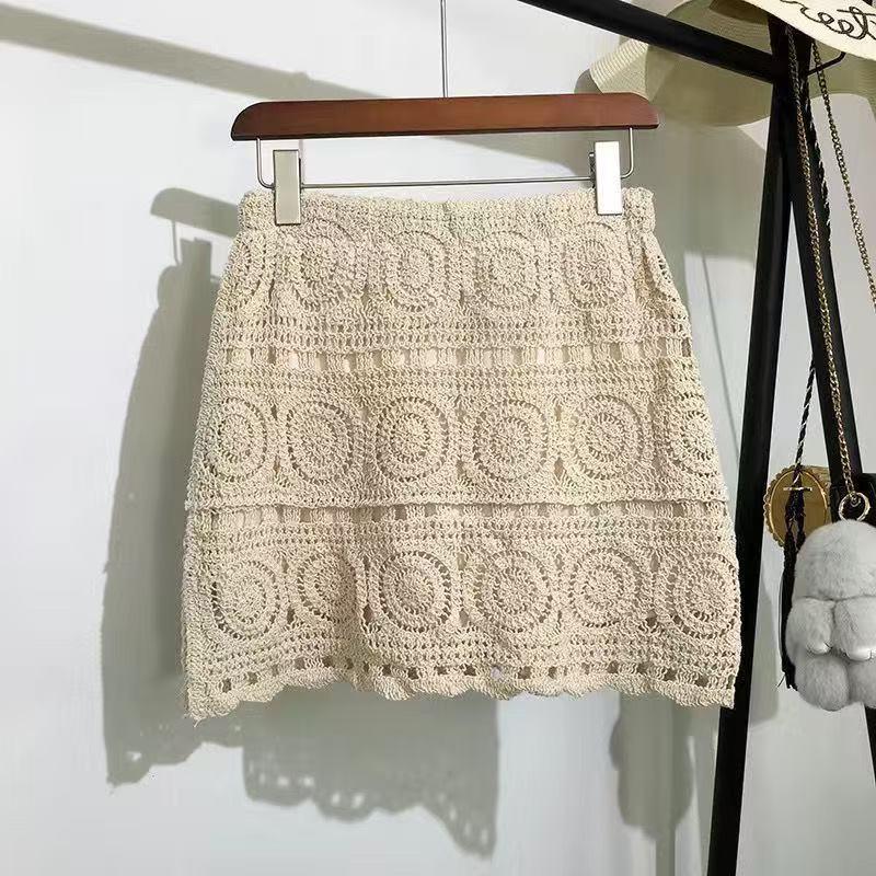 Bohemian Women's Resort Skirt: Korean-Style Embroidery, Crochet Knit, Drawstring Waist, Versatile Large Hem Hemline.