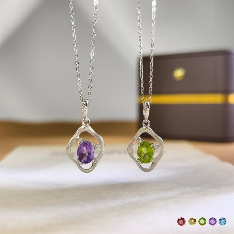 Women's S925 Sterling Silver Necklace Natural Crystal Peridot Pendant Brushed Craft Clavicle Chain Jewelry