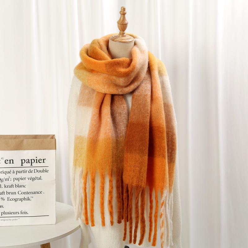 Rainbow Mohair Plaid Scarf - Thick, Chunky, Warm Winter Tassel Neck Warmer in Four Colors
