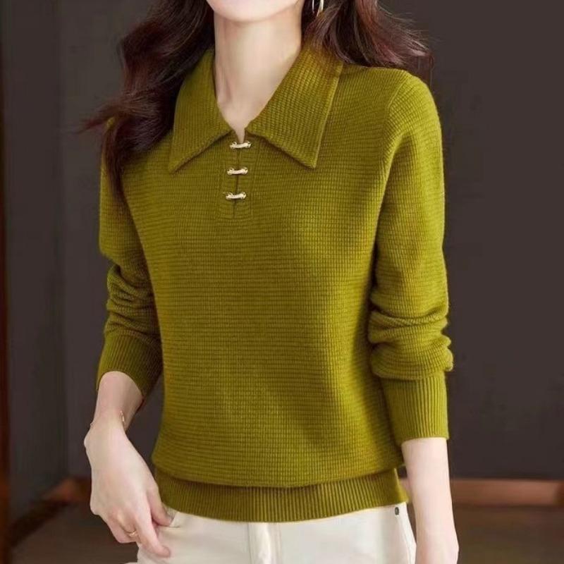 

JKASHDK Женские модные повседневные свитера с принтом однотонного цвета на осень-зиму, с длинным рукавом и воротником поло One Size