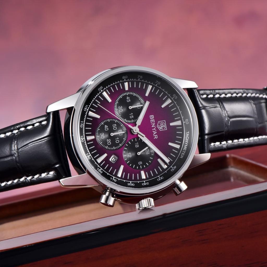Benyar Luxury Watches For Men Date Chronograph Lrather Man Watch Waterproof Luminous Sport Military Men's Quartz Watch