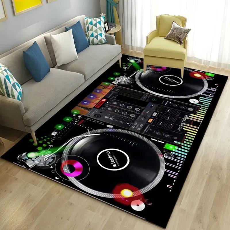 DJ Turntable Themed Large Area Rug, Colorful Mixer Console Motifs, Trendy Living Room Carpet, Varied Design Floor Cover