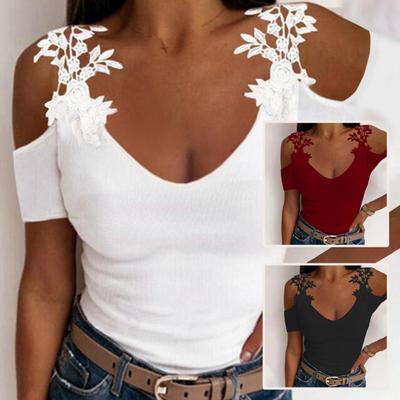 Women Summer Top Hollow Out Off Shoulder Short Sleeves Lace Flower Decor Solid Color U Neck Slim Fit Soft Lady T-shirt Blouse Men