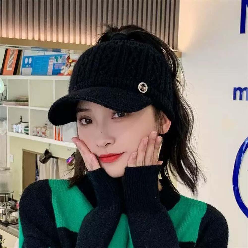 with Ear Flaps Winter Women's Hat Knitted Open-Top Ponytail Hat M Letter Baseball Cap  Teenage