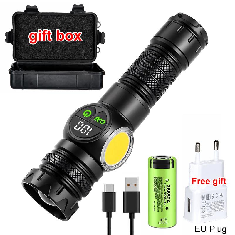 High Power White Laser LED Flashlight with Side Light USB Rechargeable Zoom Tactical Torch with Magnetic Camping Hunting Lantern